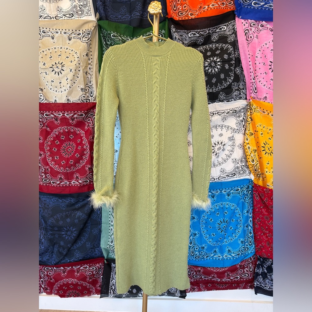 Rehab‎ Lab Olive Knit Dress with Faux Fur Cuffs